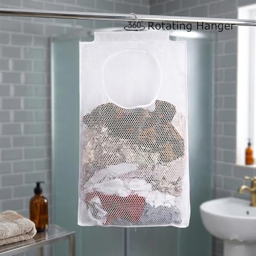 ALYER Breathable Mesh Laundry Hamper,Foldable Hanging Closet Storage Basket,Portable Space Saving Dirty Clothes Bag (White) - color: White
