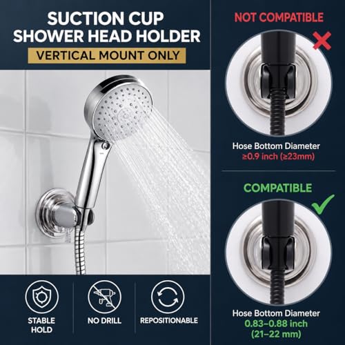 HOME&I Suction Cup Shower Head Holder for Handheld Shower–Includes 3M Adhesive Disc, No Drill, 3-Inch Vacuum Suction, Removable & Repositionable Vertical Wall Mount,Waterproof ABS,Universal 22mm Slot - color: Black