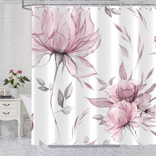 Pink Grey Watercolor Floral Shower Curtain, Flower Leaves Minimalist Aesthetic Art Shower Curtains for Bathroom Sets Decor, Waterproof Polyester Cloth Fabric with 12 Hooks,72x72 Inch - color: Pink, size: 72"W x 72"L (Pack of 1)