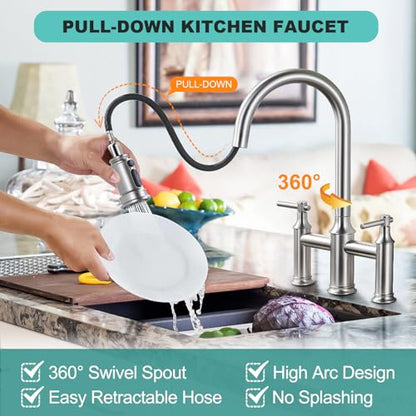 Brushed Nickel Bridge Kitchen Faucet: 3 Holes Kitchen Faucet with Pull Down Sprayer - Two Handles 8 Inch Centerset Kitchen Sink Faucet, 360° Swivel Spout - color: Brushed Nickel