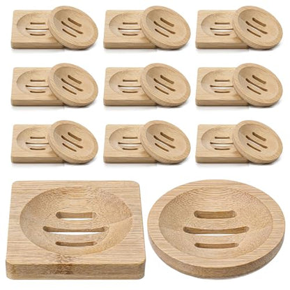 20Pcs Bamboo Soap Dish Set for Bar Soap, Bamboo Soap Holder with Self-Draining Soap Tray, Shampoo Bar Holder for Bathroom Kitchen Sink Travel, Round and Square Wooden Organizers for Sponges Razors
