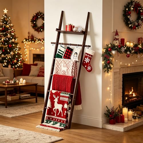 6-Tier Farmhouse Wooden Blanket Ladder with Shelf and Hooks Dark Brown | Rustic Quilt Towel Rack Decorative Holder Wall Leaning Storage with for Living Room Bedroom Decor