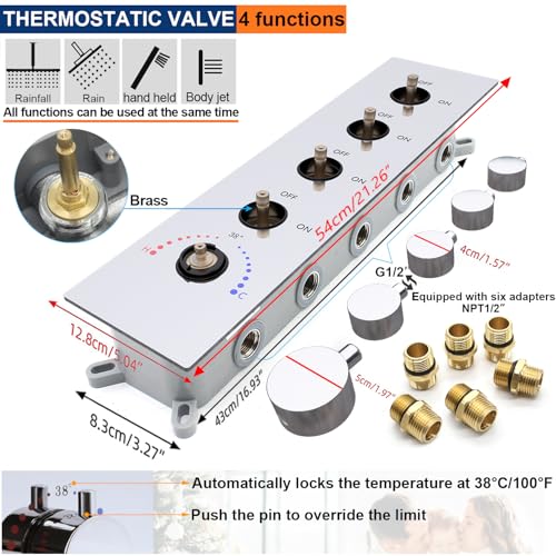 Thermostatic Shower System Dual Shower Heads with 16" Ceiling Mounted Rain Shower Head & 6" Wall Mounted Head 4 Function Full Body Shower System with body jets Can All Run Together, Chrome - color: Polished Chrome, style: 16 inch +6 jets