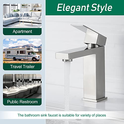 VOTON Brushed Nickel Bathroom Faucets Single Handle Modern Vanity Sink Faucet 1 Hole or 3 Hole with Deck Plate and Water Supply Hoses, Stainless Steel Bathroom Faucet Lead-Free - color: B-Brushed Nickel, style: Without Drain