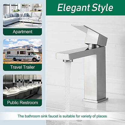 VOTON Brushed Nickel Bathroom Faucets Single Handle Modern Vanity Sink Faucet 1 Hole or 3 Hole with Deck Plate and Water Supply Hoses, Stainless Steel Bathroom Faucet Lead-Free - color: B-Brushed Nickel, style: Without Drain