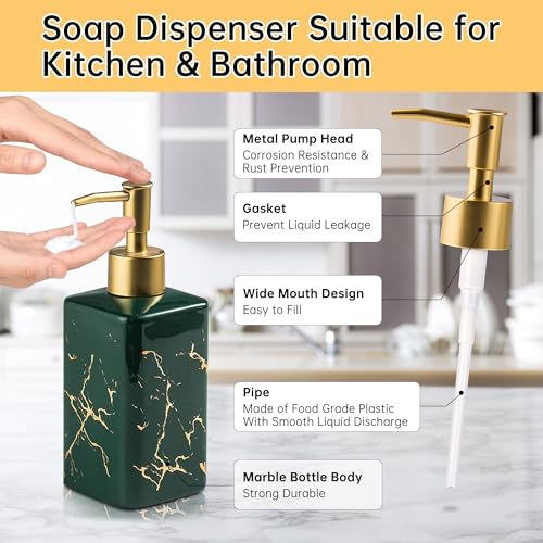Gold Soap Dispenser for Bathroom Countertop, Square Green Dish Soap Dispenser Pump Bottle with Golden Stripes for Kitchen Sink Laundry Shower Lotion, Ceramic Hand Pump for Soap Liquid - color: Green