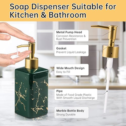 Gold Soap Dispenser for Bathroom Countertop, Square Green Dish Soap Dispenser Pump Bottle with Golden Stripes for Kitchen Sink Laundry Shower Lotion, Ceramic Hand Pump for Soap Liquid - color: Green