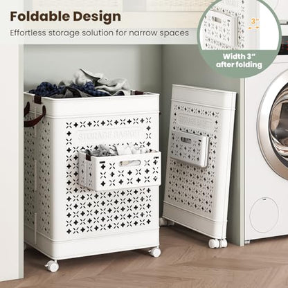 Giantex 75L Collapsible Laundry Baskets with Wheels | Foldable Laundry Hamper with Handles & Underwear Basket, Large Plastic Dirty Clothes Hamper for Bathroom, Bedroom, Dorm