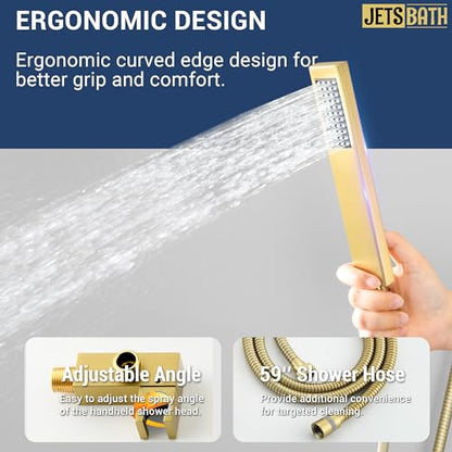 Luxury Thermostatic Rain & Waterfall Shower System with 22” Rain Shower Head & 6 Body Jets, JetsBath Wall Mounted Shower Faucet Sets with Handheld Sprayer, 3/4” Inlet Thermostatic Valve - color: Brushed Gold