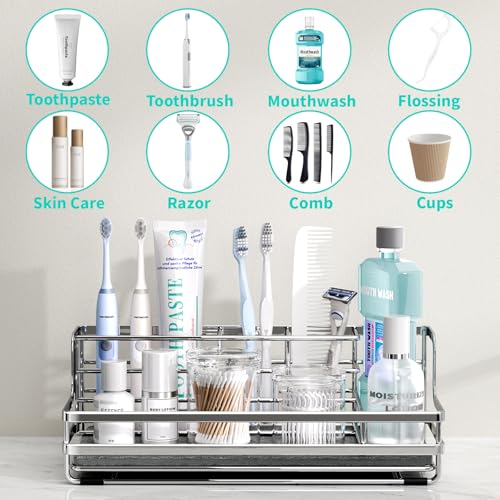 HapiRm Toothbrush Holders for Bathroom - 5 Partitions Bathroom Counter Organizer with Instant Drying Stone, Stainless Steel Countertop Storage Electric Toothbrush Toothpaste Holder - Silver - color: Silver