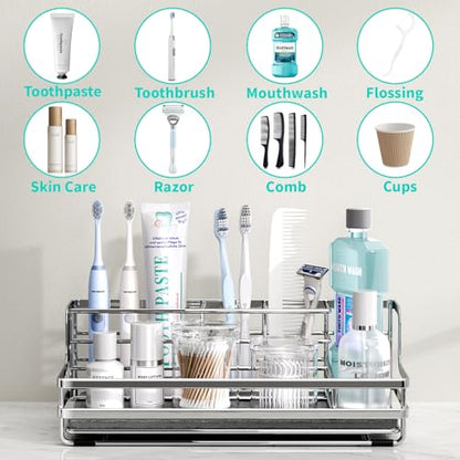 HapiRm Toothbrush Holders for Bathroom - 5 Partitions Bathroom Counter Organizer with Instant Drying Stone, Stainless Steel Countertop Storage Electric Toothbrush Toothpaste Holder - Silver - color: Silver