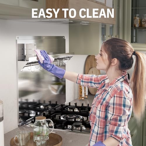 EKON Stainless Steel Backsplash 24 x 30 Inch Wall Shield for Kitchen Easy Clean And Installation with Built-in Storage Shelf and Hanging Rack
