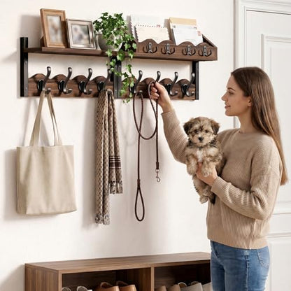 Coat Rack Wall Mount with Shelf, 4 in 1 Wood Entryway Shelf with 12 Hooks | Mail and Key Holder, Wall Mounted Coat Hanger for Bathroom, Living Room, Bedroom, Brown