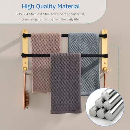 18 Inch Stainless Steel Towel Rack with Hooks - 2-Tiers Ladder Towel Hanger, Double Bar Wall Mounted for Bathroom, Black & Gold - color: Black & Gold, size: 18-Inch
