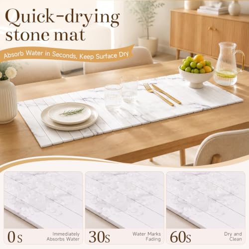 32"×16" Large Stone Dish Drying Mat for Kitchen Counter, White | Long Foldable Diatomaceous Earth Bath Mat, Super Absorbent Quick Drying Mat for Kitchen, White Marble