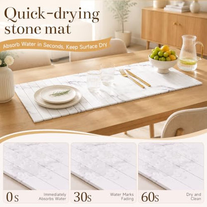 32"×16" Large Stone Dish Drying Mat for Kitchen Counter, White | Long Foldable Diatomaceous Earth Bath Mat, Super Absorbent Quick Drying Mat for Kitchen, White Marble