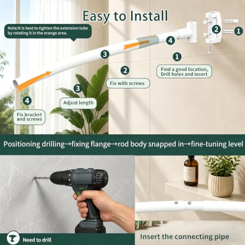White Curved Shower Curtain Rod for Bathroom 33-78 In Adjustable Curved Shower Rod, RustProof Stainless Steel Bowed Shower Rods for Bathtub, Stall Balcony Extra Shower Space Need Drilling - color: White