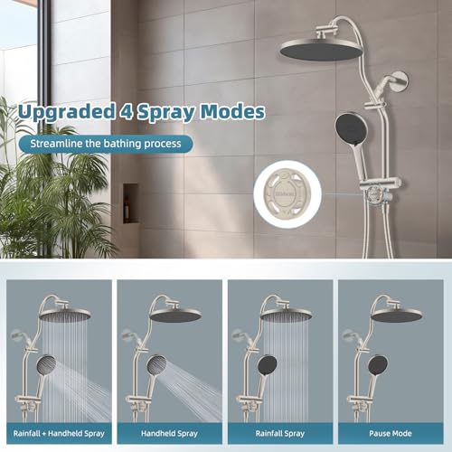 Hibbent 10'' Rain Shower Head Combo with 3 Handheld Sprays, Brushed Nickel | cUPC Certified Self-cleaning High Pressure Shower Head, All Metal Extension Arm, Easy Reach 4-way Diverter, 71" Hose & Holder - color: Brushed Nickel