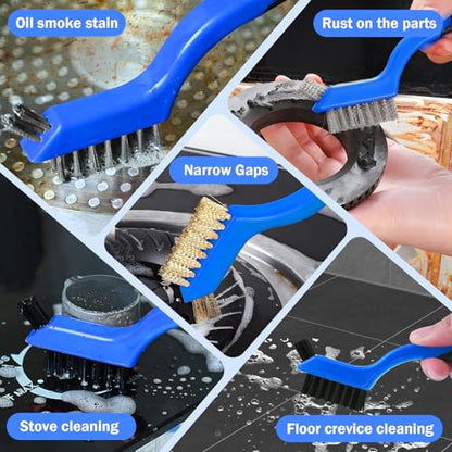 Wire Brush Set, 6 Pcs Stainless Steel/Brass/Nylon Wire Brushes | Blue, 7" Total Length for Tight Spaces, For Cleaning with Curved Handle Grip for Rust Removal, Dirt, Paint Scrubbing - style: Blue-6pcs