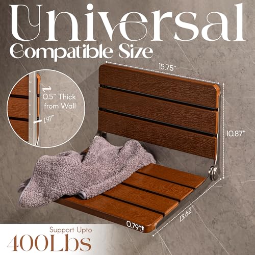 Foldable Wall Mounted Shower Seat with Stainless Steel Frame – Solid Teak Wood Shower Chair for Elderly and Disabled – Smooth Edges & Sturdy Structure – 400 Lbs Load Capacity
