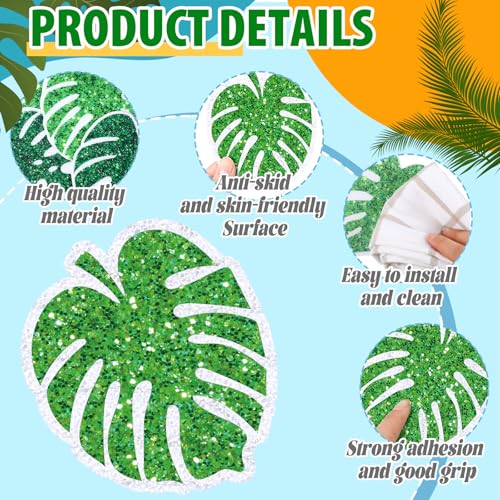 Yaomiao 24 Pcs Palm Leaf Non Slip Bathtub Stickers with Scraper | Shiny, Sparkle, Glitter, Peva, 4.53inch, Easy Apply, No Residue, for Bathroom, Shower Stairs Floor, Safety,Cute, Grip - style: Palm Leaf