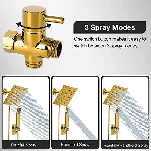 8" High Pressure Square Rain Shower Head And All Metal Handheld Shower, Equipped With 78"Hose, 3 Way Diverter Valve,Adhesive Shower Head Holder, Luxury Shower Combo - color: Gold, size: 8