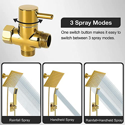 8" High Pressure Square Rain Shower Head And All Metal Handheld Shower, Equipped With 78"Hose, 3 Way Diverter Valve,Adhesive Shower Head Holder, Luxury Shower Combo - color: Gold, size: 8