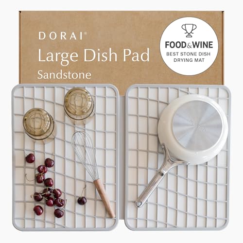 Dorai Home Dish Pad - Collapsable Stone Dish Drying Mat with Diatomaceous Earth for Quick Drying - Ultra Absorbent - Encased in Silicone - Eco-Friendly, Foldable - Large 24.6" x 16.5", Sandstone - color: Sandstone, size: Large