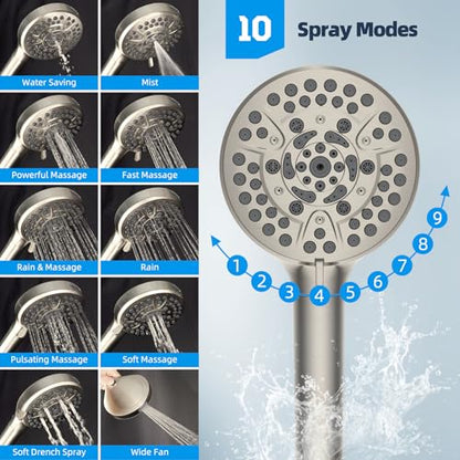 Hibbent All Metal CUPC Certified Shower Head, 10'' High Pressure Rainfall Shower Head, Handheld Showerhead Combo with 12'' Adjustable Extension Arm, 10-Spray, 71'' Hose, Shower Holder, Brushed Nickel - color: Brushed Nickel, style: Round 10''