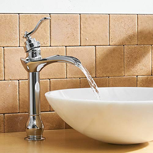 BWE Chrome Vessel Sink Faucet Waterfall Bathroom Faucets 1 Hole | Single Handle Bathroom Vanity Faucet with Pop Up Drain Stopper Assembly and Supply Hose Lavatory Mixer Tap Tall Body - color: Chrome