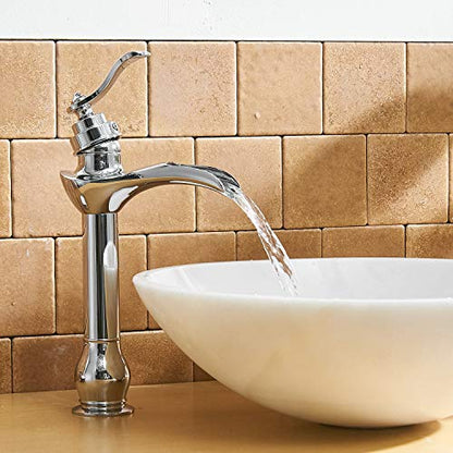 BWE Chrome Vessel Sink Faucet Waterfall Bathroom Faucets 1 Hole | Single Handle Bathroom Vanity Faucet with Pop Up Drain Stopper Assembly and Supply Hose Lavatory Mixer Tap Tall Body - color: Chrome