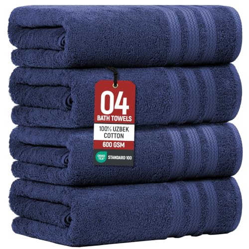 Bath Towels Set of 4 Extra Large Towels Set, 30x60 in, 100% Uzbek Cotton 600 GSM, Oeko-TEX, Larger & Lighter Weight, Quicker to Dry, Super Soft and Absorbent, Perfect for Bathroom – Navy - color: Navy