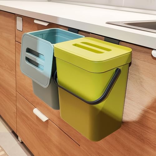 stonespace Small Cabinet Door Trash Can with Lid, 1.3Gal, Green | Compost Bin Indoor Kitchen Sealed, Under Sink Garbage Can, Plastic hanging trash can - color: Green, size: 5L/1.3GAL