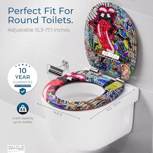 SANILO Wooden Toilet Seat with Soft Close [ROUND] - Decorative, Quiet & Slow Close Molded Wood Seat - With Strong Bumpers & Hinges - Adjustable Fit – Graffiti - color: Graffiti
