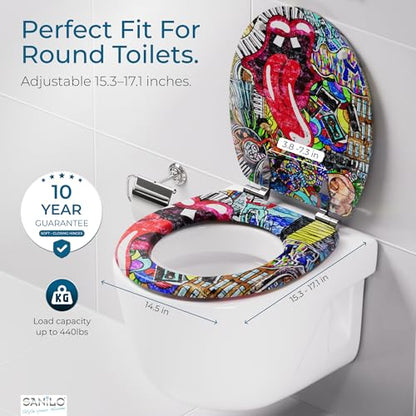 SANILO Wooden Toilet Seat with Soft Close [ROUND] - Decorative, Quiet & Slow Close Molded Wood Seat - With Strong Bumpers & Hinges - Adjustable Fit – Graffiti - color: Graffiti