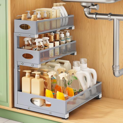Kitstorack Under Sink Organizer 3-Tier Slide Out Drawer 1-Pack Grey | Height Adjustable, Metal Mesh Storage Rack, Pull out Cabinet Organizer Shelf for Bathroom Kitchen Pantry Home Organization - color: Grey, size: 1-Pack