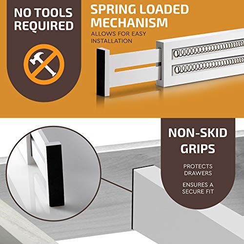6-Pack Drawer Dividers 2.6-Inch High Dresser Organizer 16 to 22 Inch, White | Bamboo, Spring Loaded, No Tools Needed, Fits Wide Drawers for Socks, Clothes, Utensils, Bedroom, Bathroom, Kitchen, Office - color: White