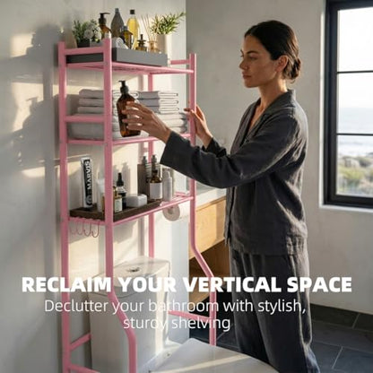 GloTika 3-Tier Over Toilet Storage, Anti-Tilt, 64" H, Pink | Anti-Tilt Safety System, 150lb Capacity, Carbon Steel, Freestanding, No Drilling, Anti-Rust Coating, Paper Holder & 4 Hooks - color: Pink, size: 3-Tier