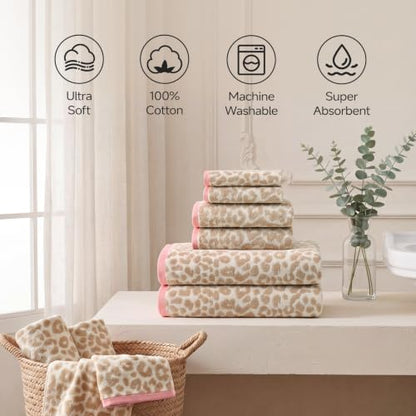 REDKISS Leopard Print Towel Set of 6,100% Cotton Bathroom Towels,Quick Dry & Absorbent,2 Bath Towel, 2 Hand Towel, 2 Washcloth-Light Brown - color: Light Brown