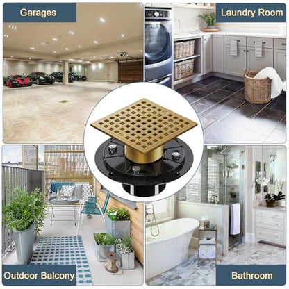 4 Inch Square Shower Floor Drain with Flange and Hair Strainer | Champagne Bronze Shower Drain with Hair Catcher, SUS304 Stainless Steel, Anti-Clog, Removable Grid Drain Cover, For Bathroom - color: Champagne Bronze