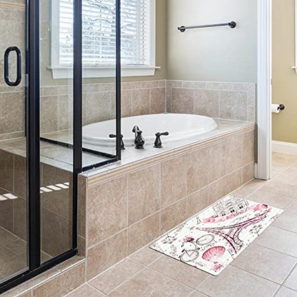 Bath Tub Mat Non Slip Shower Mat Paris Eiffel Tower Pink Retro Love Bike Hot Balloon Extra Long Bathtub Mat 26.8x15 inches Bathroom Bath Mat with Suction Cups Drain Holes Machine Washable