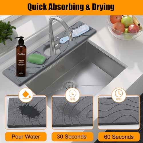 2-Pack Stone Faucet Mat for Kitchen Sink, Diatomite Drying Absorbing Tray | Olldag Drip Catcher Splash Guard Water Protector for Faucet Bathroom Counter - Dark Grey (15.7"x4") - size: 15.7x4 Inch