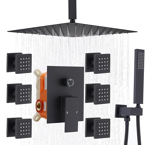 Enga Full Body Shower System with Body Jets, 12 Inch Powerful Rainfall Shower and Handheld Spray, Rough-in Mixer Valve Concealed Shower Faucet Set Complete, Matte Black - color: Matte Black, style: Ceiling Mount - 6 Jets