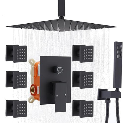 Enga Full Body Shower System with Body Jets, 12 Inch Powerful Rainfall Shower and Handheld Spray, Rough-in Mixer Valve Concealed Shower Faucet Set Complete, Matte Black - color: Matte Black, style: Ceiling Mount - 6 Jets