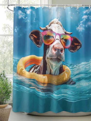 Waterproof Fabric Shower Curtain Cow Swimming in The Sea Shower Curtains for Bathroom, Quick-Drying, Machine Washable 36x72 Inch - color: Teal Blue, size: 36"W x 72"L (Pack of 1)