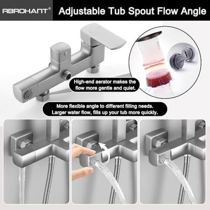 RBROHANT Brushed Nickel Exposed Shower System with Tub Spout, Exposed Shower Fixtures for Bathroom with Brass 3-Functional Valve, Shower Height Adjustable, Wall Mounted - color: Brushed Nickel