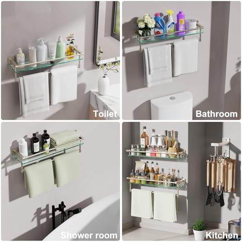 Glass Bathroom Shelf with Towel Bar, Stainless Steel Tempered Towel bar/Track Glass Bathroom Shelves Wall Mount Over The Toilet (Brushed Nickel, 20-inch) - color: Brushed Nickel, size: 20-inch with Railing