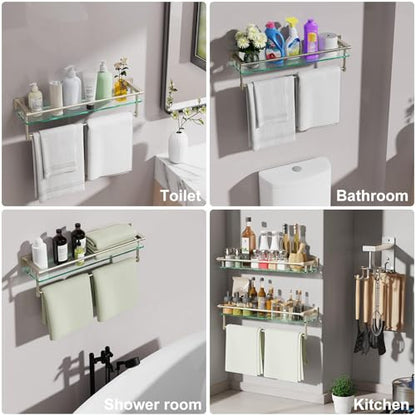 Glass Bathroom Shelf with Towel Bar, Stainless Steel Tempered Towel bar/Track Glass Bathroom Shelves Wall Mount Over The Toilet (Brushed Nickel, 20-inch) - color: Brushed Nickel, size: 20-inch with Railing