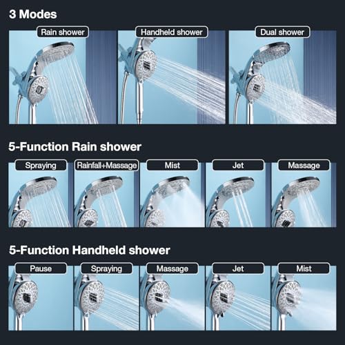 High Pressure Rain Shower Head with Handheld Spray Combo Fixed Showerhead Dual Shower Head Set 10 Sprays Detachable Hand Held Showerheads Built-in Magnetic System Chrome Polished - color: Chrome Polished