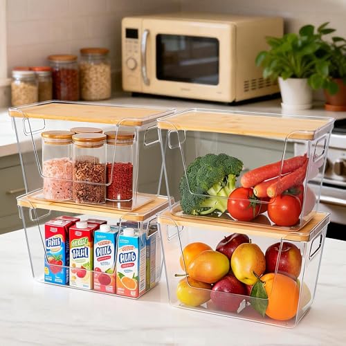 Criusia 4 Set Pantry Organizers and Storage with Bamboo Lids, Stackable Clear Bins for Onion, Potato, Fruit, Vegetables, Trash Bag Dispenser, Kitchen and Under Sink Organizer - size: 4 Pack Large